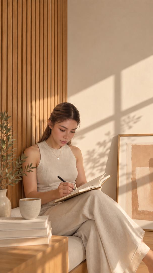 Eve sitting by a window, writing in a journal